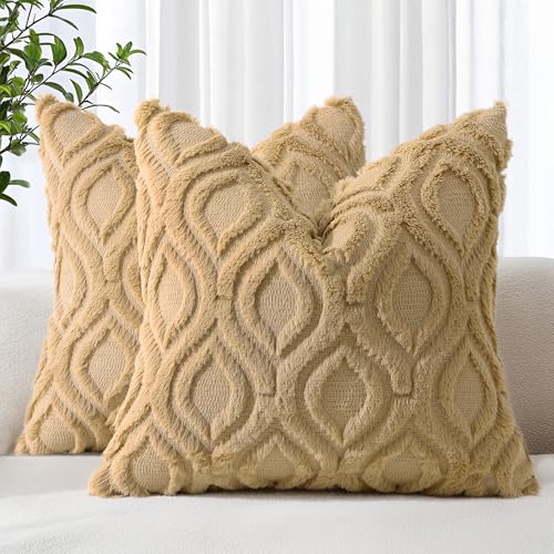 decorUhome Set of 2 Faux Fur Cushion Covers 45x45 cm, Decorative Soft Plush Fluffy Velvet Cushion Cover 18X18 Inch,Square Boho Neutral Pillow case for Sofa, Taupe