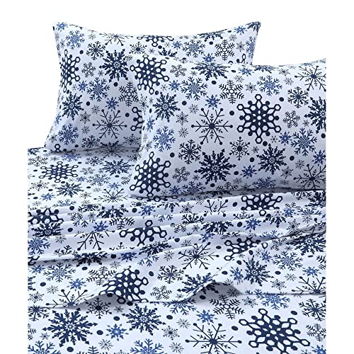 Tribeca Living 100% Cotton Flannel Sheet Set - Deep Pocket, 170-GSM, Ultra Soft & Cozy Bedding for Winter, Queen, Snowflakes