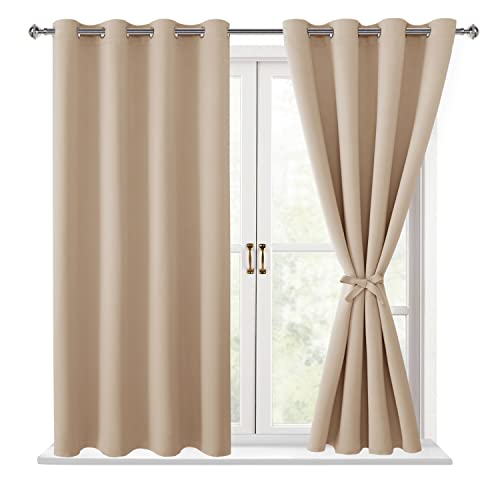 Hiasan Blackout Curtains for Bedroom - Thermal Insulated & Light Blocking Window Curtains for Living Room/Kids Room, 2 Drape Panels Sewn with Tiebacks, Beige, 52 x 45 Inch