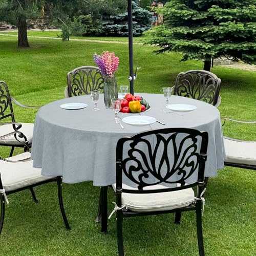 LUSHVIDA Outdoor Tablecloth with Umbrella Hole - Patio Table Cloth Zippered Round 60 Inch, Light Gray Faux Linen Table Cover Water Resistant for Picnic Outside