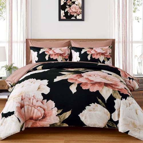 Dobuyly Black Queen Comforter Set 7 Piece Bed in a Bag, Pink Floral Printed on Black Comforter Set with Sheets, Soft Microfiber Botanical Flower Bedding Set for All Season