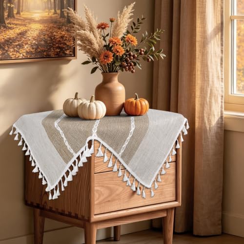 tiosggd Boho Small Tablecltoh Square 24 x 24 inch, Cotton Linen Bedside Table Cloth with Tassel, Brown Nightstand Cover Top, Farmhouse Dresser End Side Table Cover, Rustic Summer Home Decor