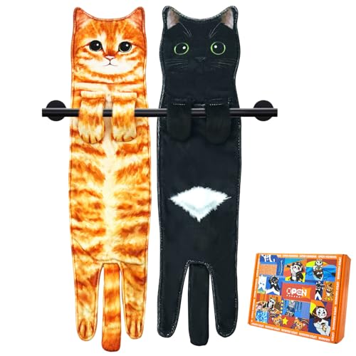 PAT JUUMG Funny Cat Hand Towels for Bathroom Kitchen Decor Cat Towel, Cute Decorative Hanging Face Towels, Super Absorbent Soft, Housewarming Gift, Cat Lovers Gifts for Women (2 Pack-Towel-02)