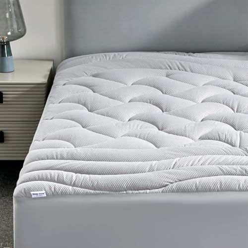 SLEEP ZONE Cooling Mattress Topper Extra Long Twin for College Dorm, Premium Zoned Quilted Mattress Pad, Fitted Mattress Protector Cover Washable, Deep Pocket 8-21 inch, Silver Grey, Twin XL