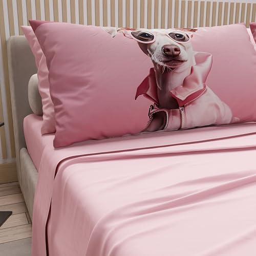 PETTI Artigiani Italiani - Animal Bed Linen with Dogs in Cotton with Pillowcases in Digital Print, Pizza and Half Sheets, Complete Bed Set, Pink Double Bed, 100% Made in Italy