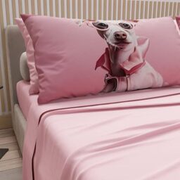 PETTI Artigiani Italiani - Animal Bed Linen with Dogs in Cotton with Pillowcases in Digital Print, Pizza and Half Sheets, Complete Bed Set, Pink Double Bed, 100% Made in Italy