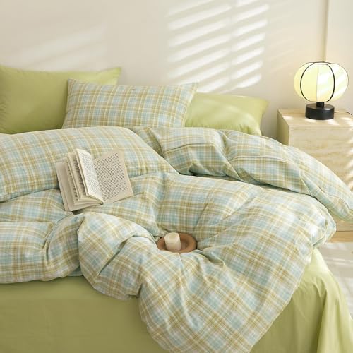 EAVD Gingham Duvet Cover King Multicolor Soft Washed Cotton Reversible Grid Plaid Duvet Cover Set with 2 Pillowcases Modern Farmhouse Gingham Bedding Set with Zipper Closure
