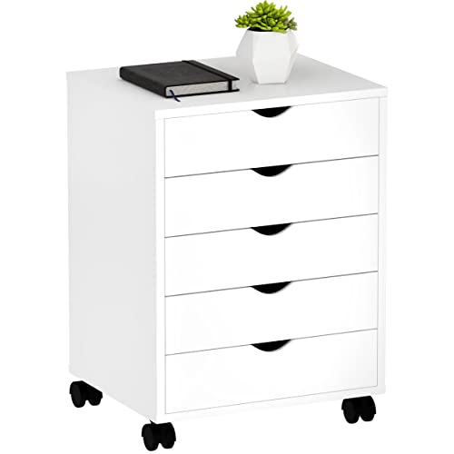 YITAHOME 5 Drawer Mobile Rolling File Cabinet,Wooden Filing Cabinet for A4, Letter Size Document, Under Desk File Storage Cabinet, for Home Office,Portable Vertical Filing Cabinet,White