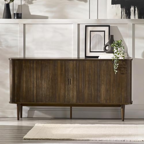 Julian Bowen Arya Tambour Sideboard - Storage Cabinet with Sliding Doors, 2 Drawers & 4 Shelves, Slatted Buffet for Living & Dining Room, Scandi Dark Wood Effect - W160 x H80cm