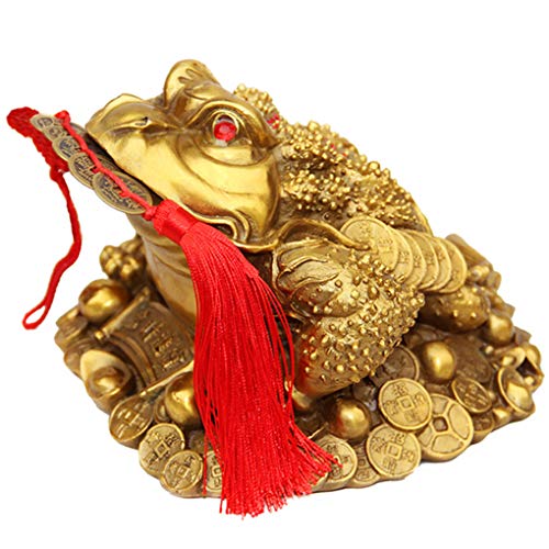 Amperer Brass Feng Shui Money Frog Three Legged Wealth Traditional Frog Money Toad Statue with Set of 5 Lucky Charm Ancient Coins on Red String Home Car Fengshui Decor (B1 Money Frog)