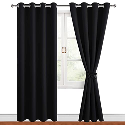 Hiasan Blackout Curtains for Bedroom, 52 x 84 Inches Long - Thermal Insulated & Noise reducing Window Curtains for Living Room/Kids Room, 2 Drape Panels Sewn with Tiebacks, Black