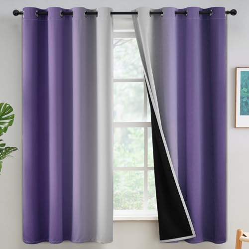Yakamok 100% Blackout Lavender Purple Curtains 63 inches Long for Bedroom - Room Darkening Ombre Curtain for Living Room Grommet Light Blocking Thermal Insulated Gradient Drapes???2 Panels???52W x63L