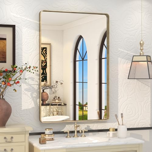 VANLIO 24x36 Inch Gold Framed Bathroom Mirror for Wall - Brushed Gold Metal Frame, Rounded Rectangle Vanity Mirror, Anti-Rust, Shatterproof, Hangs Horizontally or Vertically