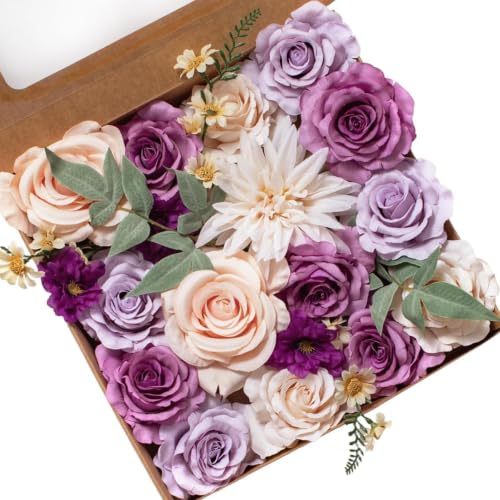 FANKO Artificial Flowers for DIY Bouquet, Purple Mauve Faux Rose, Ivory Peach Fake Flower Rose Dahlia Daisy for Vase, Floral Arrangement, Centerpieces, Wedding, Home Decor, Party Decoration