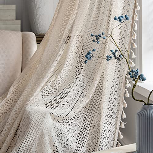 Boho Curtains for Living Room Bedroom, 84 inch Length 2 Panels Set Cotton Linen Semi Sheer Farmhouse Window Curtains with Tassels & Rod Pocket, Beige Lace Crochet Rustic Long Curtain Drapes