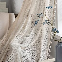 Boho Curtains for Living Room Bedroom, 84 inch Length 2 Panels Set Cotton Linen Semi Sheer Farmhouse Window Curtains with Tassels & Rod Pocket, Beige Lace Crochet Rustic Long Curtain Drapes