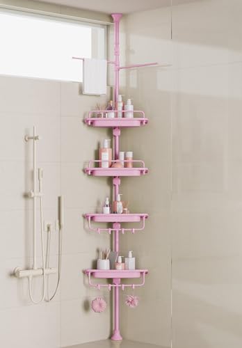 XLHOMO 32-122inch Corner Shower Caddy Tension Pole Pink, Rustproof Drill-Free Shower Shelves for Bathroom Bathtub Washbasin, Adjustable Shower Organizer with 4 Tier Patent Stable Shelves & Towel Bars