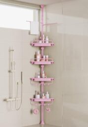 XLHOMO 32-122inch Corner Shower Caddy Tension Pole Pink, Rustproof Drill-Free Shower Shelves for Bathroom Bathtub Washbasin, Adjustable Shower Organizer with 4 Tier Patent Stable Shelves & Towel Bars