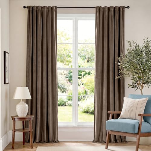 Lazzzy Velvet Blackout Curtains Thermal Insulated Curtains Room Window Drapes Super Soft Luxury Curtains for Living Room Bedroom Rod Pocket 2 Panels, 90 Inch Truffle
