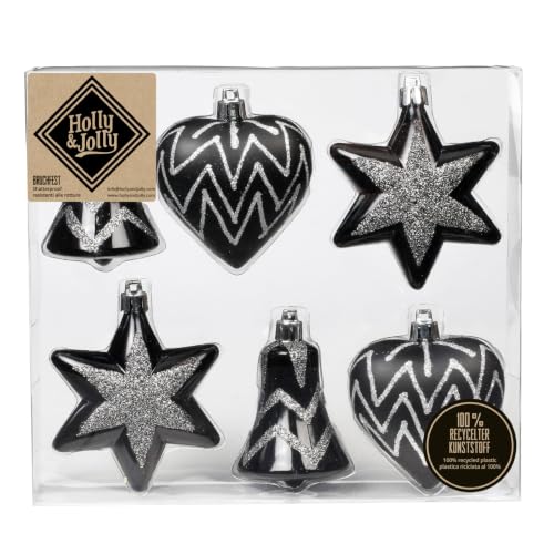 Inge-glas Christmas Baubles Shapes Decorated Baubles Plastic 9 cm Set of 6 Black Mix