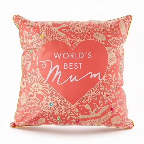Hox Luxe Jewel Cushion 46 x 46cm – ‘World’s Best Mum’ Heart Design, Luxury Filled Decorative Cushion for Sofa, Lounge or Bedroom, Pink