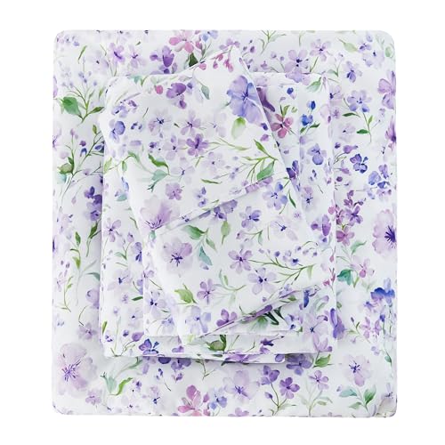 Viviland Floral Full Sheet Set - 4 Piece Vintage Lavender Flower and Leaves Patterned Bed Sheets - Soft, Breathable Microfiber Sheets with Deep Pocket, Non-Slip Fitted Sheets & Pillowcases