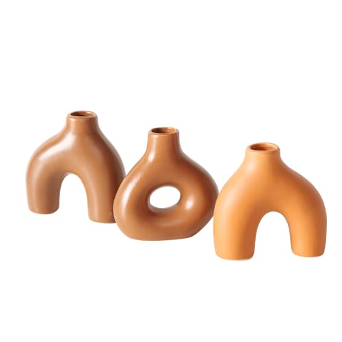 BOLTZE Metty 2060509 Vase (3-Piece Set, Brown, Ceramic, Matte, L x W x H: 10 x 3.5 x 10 cm, Organic Shape, Handmade, Waterproof, Minimalist Design, Flower Vase, Decoration)