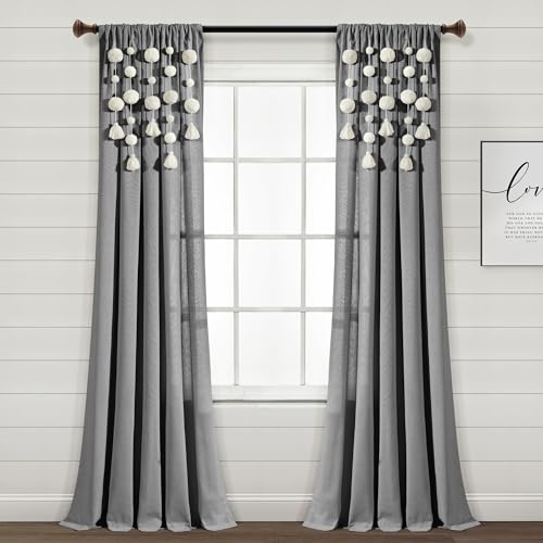 "Lush Decor Boho Pom Pom Tassel Linen Window Curtain Panel (Single Panel), 84"" L x 52"" W, Dark Gray"