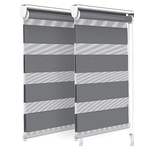 VOUNOT® Set of 2 Day and Night Blinds No Drill, Zebra Roller Blinds for Windows, Double Layer Translucent and Blackout Fabric, Easy Installation Window Shades, Grey, 45 x 150 cm