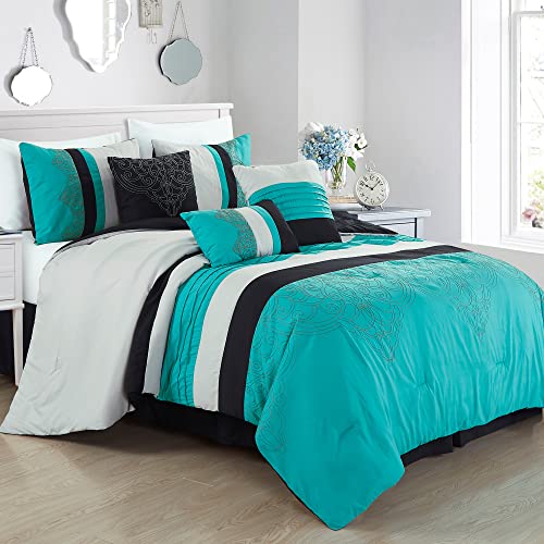 Chezmoi Collection Chloe 7-Piece Teal Blue Gray Black Geometric Medallion Embroidery Pleated Striped Bedding Comforter Set, Queen