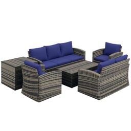 Outsunny 6 Pieces Rattan Garden Furniture Set, 7 Seater Wicker Outdoor Furniture Set with Storage Tea Table & Side Table, Sectional Garden Sofa Set with Cushions, Navy Blue