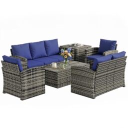 Outsunny 6 Pieces Rattan Garden Furniture Set, 7 Seater Wicker Outdoor Furniture Set with Storage Tea Table & Side Table, Sectional Garden Sofa Set with Cushions, Navy Blue