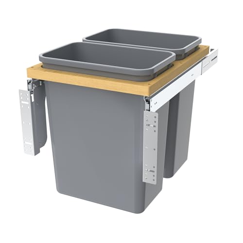 "Double Pull Out Under Cabinet Trash Can with Double 35 Qt Garbage Bin Sliding Organizer for Kitchen Garbage Storage Grey for 15"" x 1.5"" Face Frame"