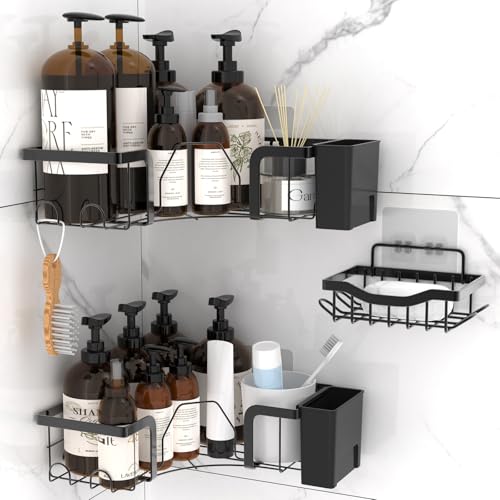 SURFOU Corner Shower Caddy 3-Pack, Rustproof Adhesive Shelves No Drilling - Large Capacity Bathroom Organizer with Soap Holder & 8 Movable Hooks, Stainless Steel Wall Mounted