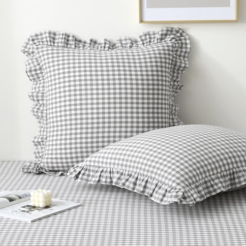 K MASANIJI 2 Pack Grey White Plaid Ruffle Gingham Euro Throw Pillow Covers, 100% Washed Cotton Checkered Farmhouse Decorative Pillow Shams for Bed/Sofa Zipper Closure -22''x22''