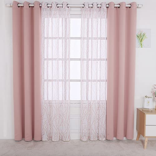 BONZER 4 Panels Set Mix and Match Curtains for Bedroom Living Room - 2 Pieces Branch Print Sheer Curtains & 2 Pieces Blackout Curtains Privacy Grommet Window Drapes, 37x84 Inch/Panel, Blush