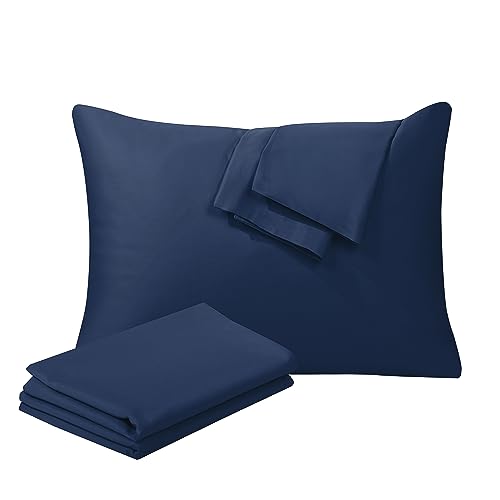 100% Egyptian Cotton King Size Pillow Protectors with Zipper Set of 2 - 400 Thread Count Sateen Weave Soft Cooling Pillowcases, Breathable Easy Care Hidden Zippered Pillow Covers, Navy Blue