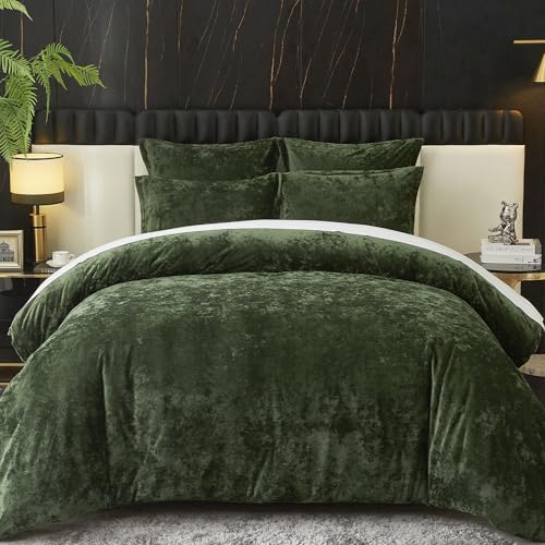 Ivellow Crushed Velvet Comforter Set King Green Comforter Set 5pcs Ultra Soft Lightweight Breathable Bedding Set Luxury Cozy Flannel Comforter King Size (1 Comforter,2 Pillow Shams, 2 Euro Shams