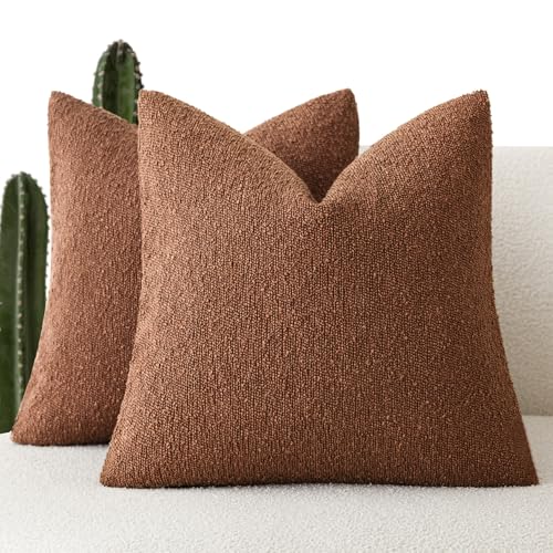 Foindtower Set of 2, Decorative Textured Boucle Throw Pillow Covers Accent Solid Pillow Cases Neutral Soft Cozy Couch Cushion Case for Chair Sofa Bedroom Living Room Home Decor 24x24 Inch Red Taupe
