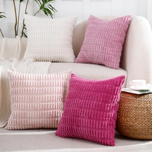 All Smiles Decorative Pink Throw Pillow Covers 18x18 Set of 4 Farmhouse Rustic Boho Home Decor Soft Plush Striped Corduroy Square Cushion Case for Living Room Couch Bed Sofa???Hot Pink Cream