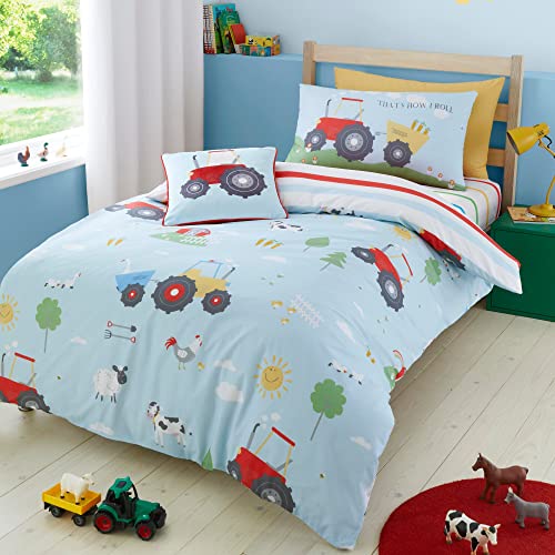 Bedlam - Farm Duvet Cover Sets - Single Bedding Size (200 x 140cm) - Farm Animals & Construction Tractor Bedding - Reversible Design - Farmyard Friends Collection, Blue