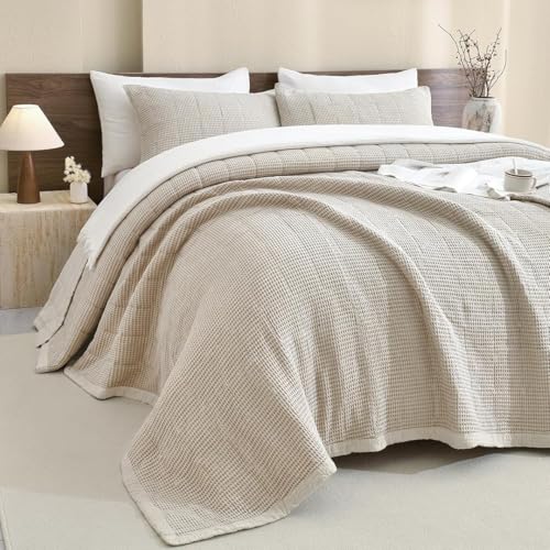 "Sanracie Oversized Queen Quilt (102""x118""), Cotton Waffle Weave Quilt Sets, 3Pcs Luxury Aesthetic Quilt Bedding Set, Soft Breathable Lightweight Farmhouse Coverlet Set for All Season, Wheat"