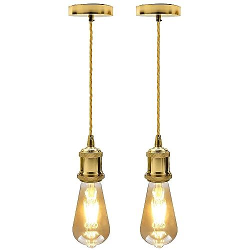 LEDSone French Gold E27 Pendant Light Fitting 2 Pack – Vintage Metal Ceiling Light Kit with 1m Twisted Braided Cable, Hanging Lamp Holder for Kitchen Island, Dining Room & Café