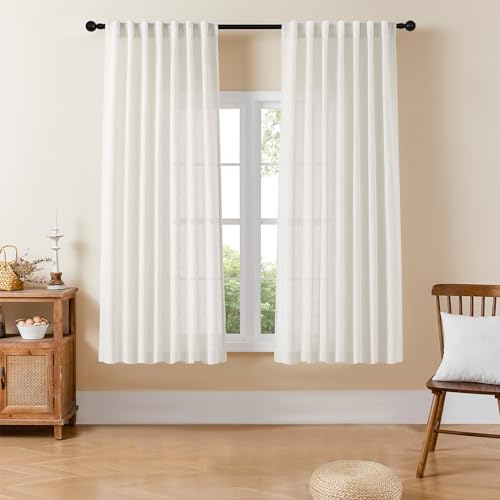 Joydeco Light Filtering Curtains 63 Inch Length for Bedroom, Linen Curtains 63 Inch Length 2 Panels Set for Living Room,White Semi Sheer Curtains 63 Inches Long with Rod Pockets