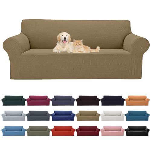 Cupuamon 2026 New Stretch Oversized Sofa Slipcovers Couch Sofa Cover for 4 Seater Furniture Protector Covers with Elastic Bottom Jacquard Fabric Small Checks for Pets, Kids - Tan