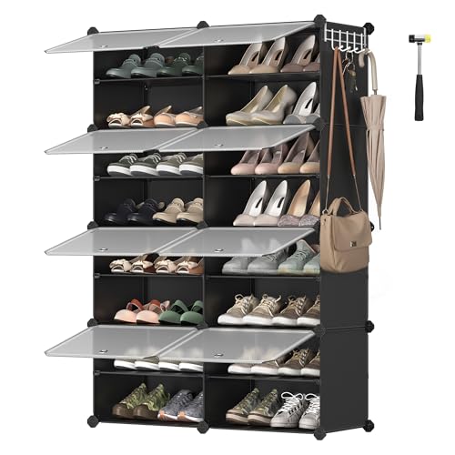 SONGMICS Interlocking Shoe Rack, Plastic Shoe Storage Cabinet, 8-Slot Modular Storage Organiser Unit, 30 x 40 x 30 cm for Each Slot, with Doors, Steel Frame, Plastic Panels, Black LPC034B01