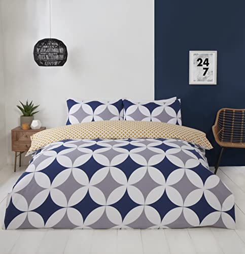 Rapport Home Blue Geometric design King Bedding Set - Reversible Easy Care Duvet Cover Set