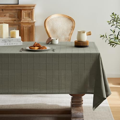 ZeeMart Linen Checked Square Table Cloth 60x60 Inch Olive - Farmhouse Style Plaid Embroidered Sage Green Water Resistant Square Table Cover