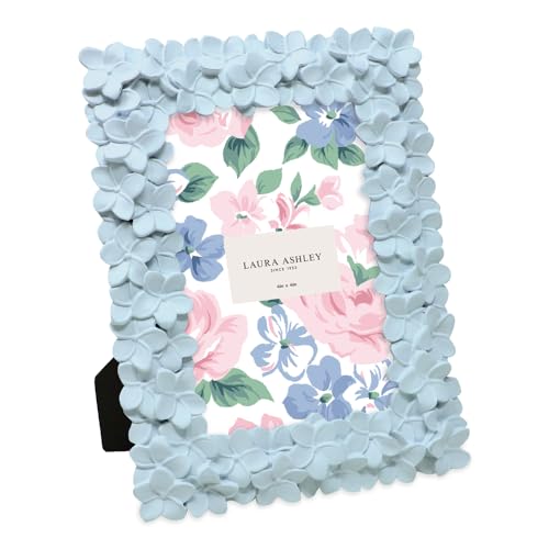 Laura Ashley 4x6 Powder Blue Flower Textured Hand-Crafted Resin Picture Frame w/Easel & Hook for Tabletop & Wall Display, Decorative Floral Design Home Décor, Photo Gallery, Art (4x6, Powder Blue)