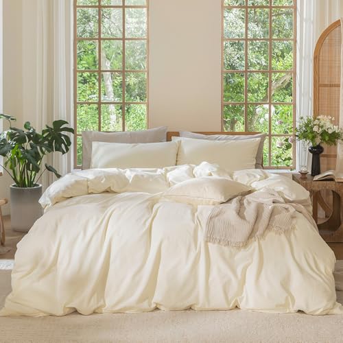 MOOMEE Bedding Duvet Cover Set 100% Washed Cotton Linen Like Textured Breathable Durable Soft Comfy (Cream White, Queen)